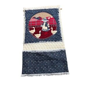 VTG Holly Hobbie Folk Art Farm Girl Goose Fabric Wall Hanging Pocket Cottage SEE